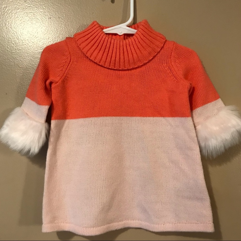 New 3-6M Janie and Jack Sweater Dress, Coral and pale pink, faux fur at sleeves